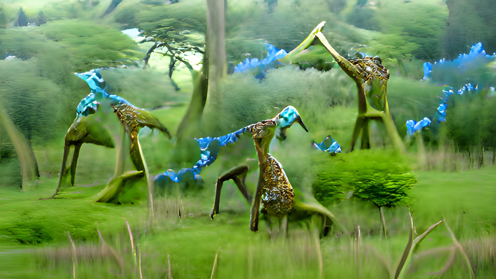 …blaue Giraffen, die durch das grüne Unterholz tanzen