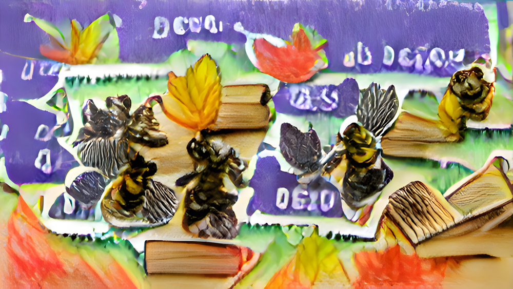 …Bienen demokratie im vielbevölkerten Büchertempel mit bunten Eichenblättern