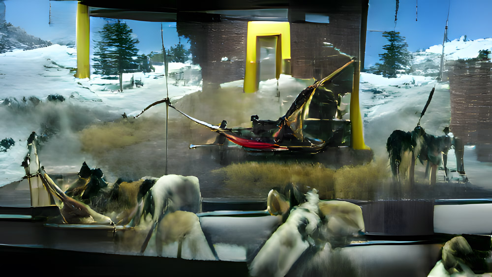 …der Hundeschlitten auf der Fahrt durch das Fenster zur Aue
