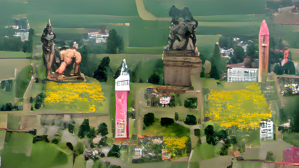 …Herkules, Rathaus und Obelisk auf einer Blumenwiese an der Fulda