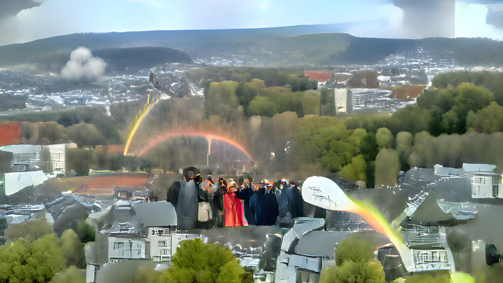 …ein Regenbogen über Kassel. Alle schauen staunend hin und sind happy